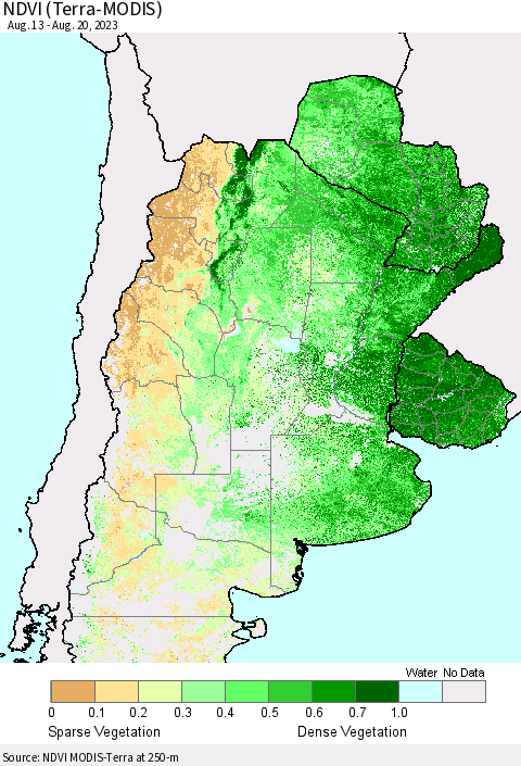 Southern South America NDVI (Terra-MODIS) Thematic Map For 8/13/2023 - 8/20/2023
