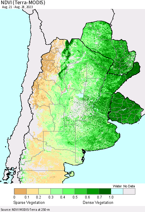 Southern South America NDVI (Terra-MODIS) Thematic Map For 8/21/2023 - 8/28/2023