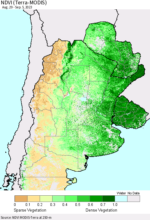 Southern South America NDVI (Terra-MODIS) Thematic Map For 8/29/2023 - 9/5/2023