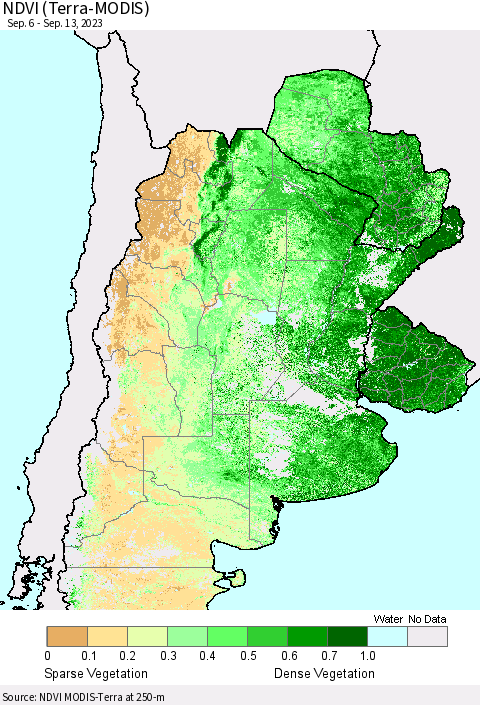 Southern South America NDVI (Terra-MODIS) Thematic Map For 9/6/2023 - 9/13/2023