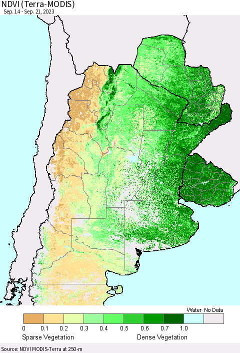 Southern South America NDVI (Terra-MODIS) Thematic Map For 9/14/2023 - 9/21/2023