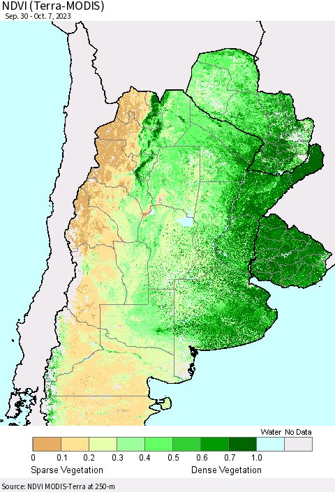 Southern South America NDVI (Terra-MODIS) Thematic Map For 9/30/2023 - 10/7/2023