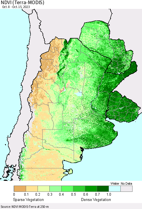 Southern South America NDVI (Terra-MODIS) Thematic Map For 10/8/2023 - 10/15/2023
