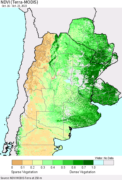 Southern South America NDVI (Terra-MODIS) Thematic Map For 10/16/2023 - 10/23/2023