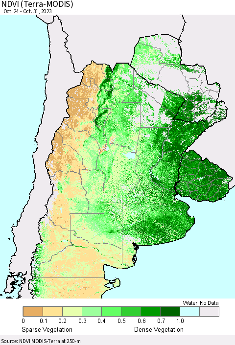 Southern South America NDVI (Terra-MODIS) Thematic Map For 10/24/2023 - 10/31/2023