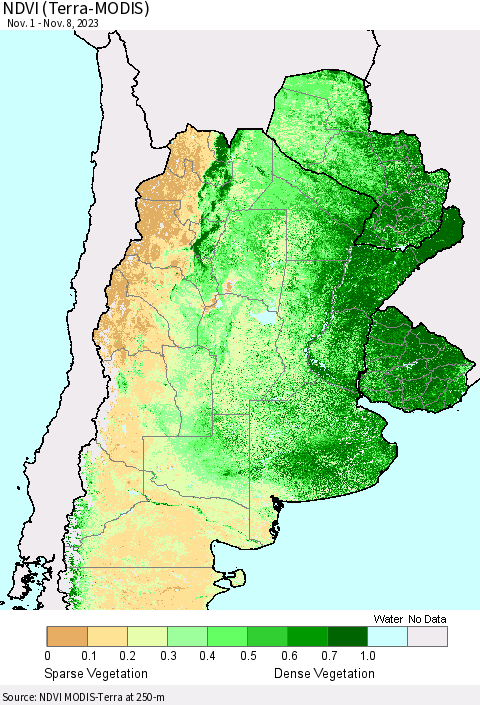 Southern South America NDVI (Terra-MODIS) Thematic Map For 11/1/2023 - 11/8/2023