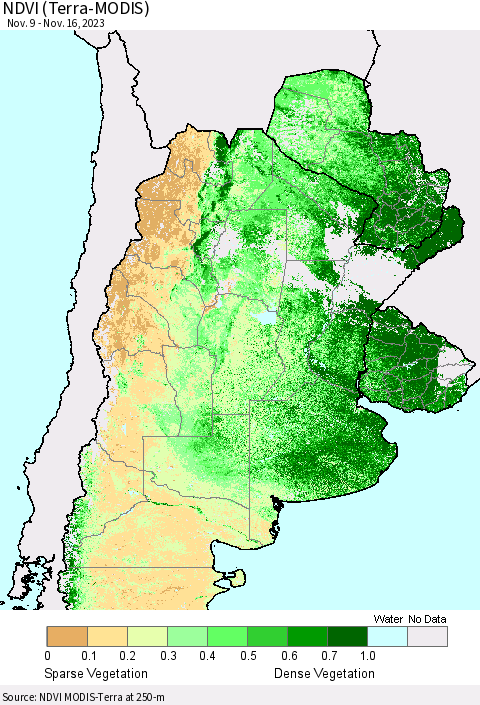 Southern South America NDVI (Terra-MODIS) Thematic Map For 11/9/2023 - 11/16/2023