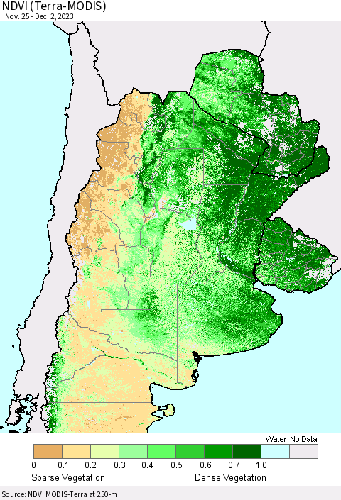 Southern South America NDVI (Terra-MODIS) Thematic Map For 11/25/2023 - 12/2/2023