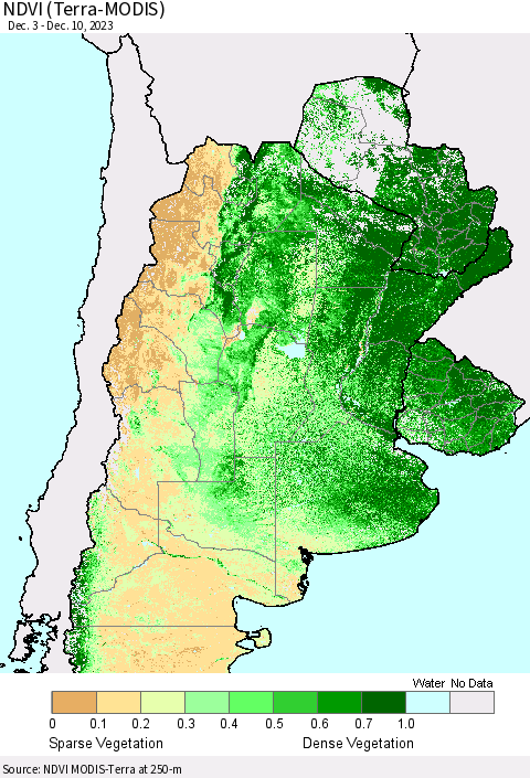 Southern South America NDVI (Terra-MODIS) Thematic Map For 12/3/2023 - 12/10/2023