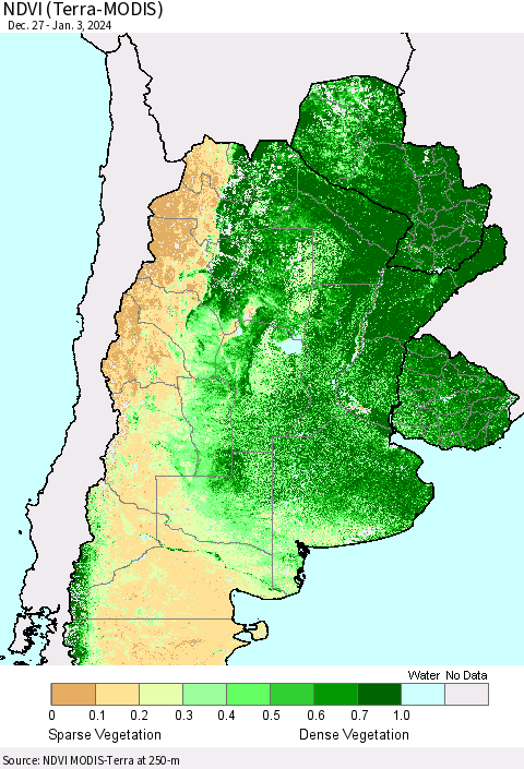 Southern South America NDVI (Terra-MODIS) Thematic Map For 12/27/2023 - 1/3/2024
