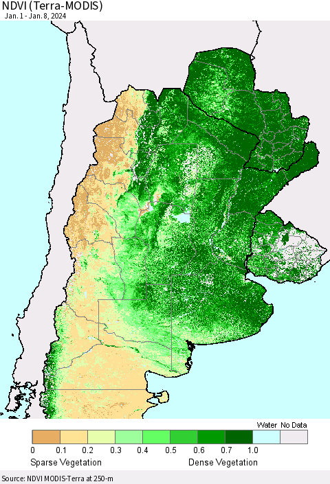 Southern South America NDVI (Terra-MODIS) Thematic Map For 1/1/2024 - 1/8/2024