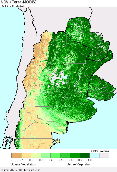 Southern South America NDVI (Terra-MODIS) Thematic Map For 1/9/2024 - 1/16/2024