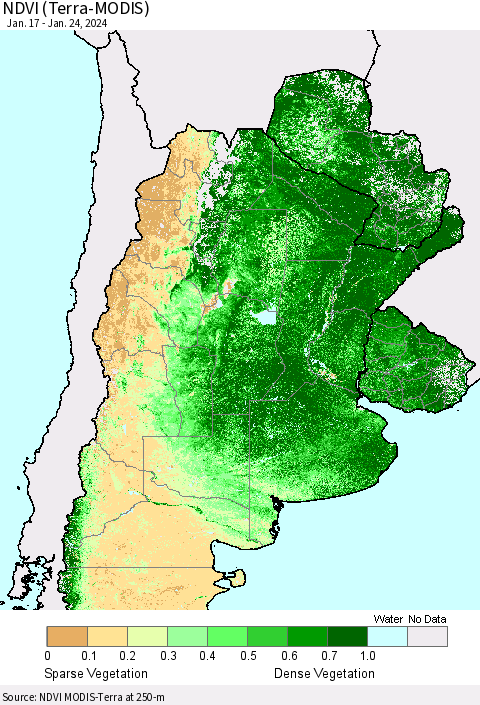 Southern South America NDVI (Terra-MODIS) Thematic Map For 1/17/2024 - 1/24/2024