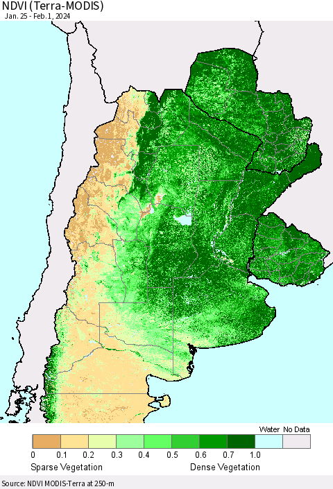 Southern South America NDVI (Terra-MODIS) Thematic Map For 1/25/2024 - 2/1/2024