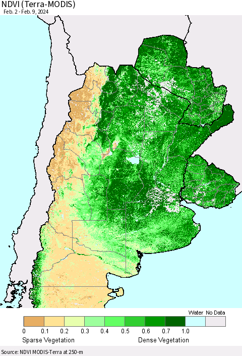 Southern South America NDVI (Terra-MODIS) Thematic Map For 2/2/2024 - 2/9/2024