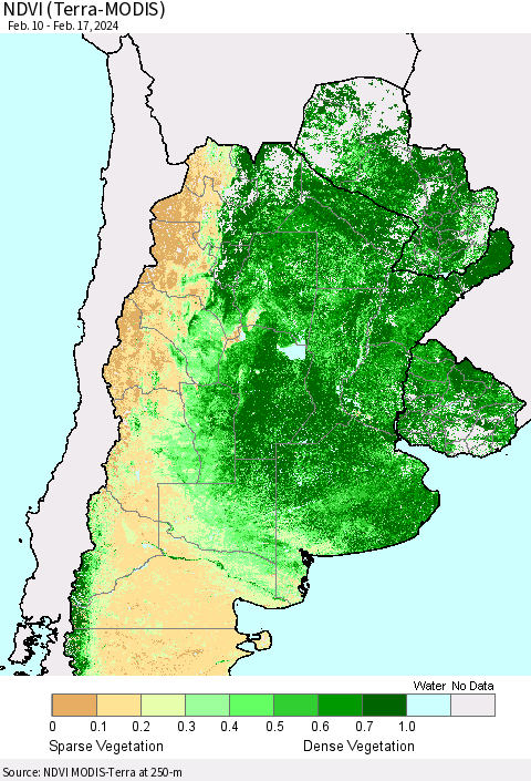 Southern South America NDVI (Terra-MODIS) Thematic Map For 2/10/2024 - 2/17/2024