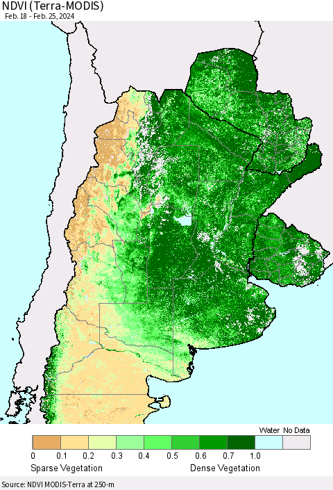Southern South America NDVI (Terra-MODIS) Thematic Map For 2/18/2024 - 2/25/2024