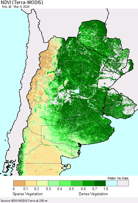Southern South America NDVI (Terra-MODIS) Thematic Map For 2/26/2024 - 3/4/2024