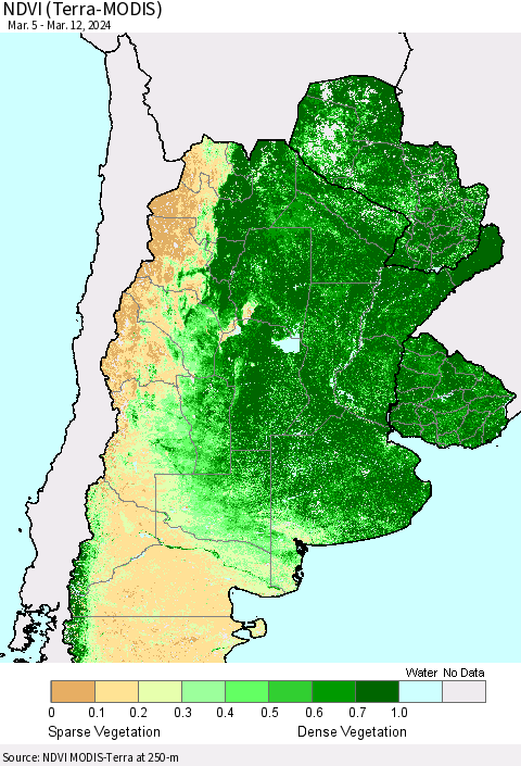 Southern South America NDVI (Terra-MODIS) Thematic Map For 3/5/2024 - 3/12/2024