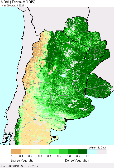Southern South America NDVI (Terra-MODIS) Thematic Map For 3/29/2024 - 4/5/2024