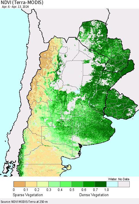 Southern South America NDVI (Terra-MODIS) Thematic Map For 4/6/2024 - 4/13/2024
