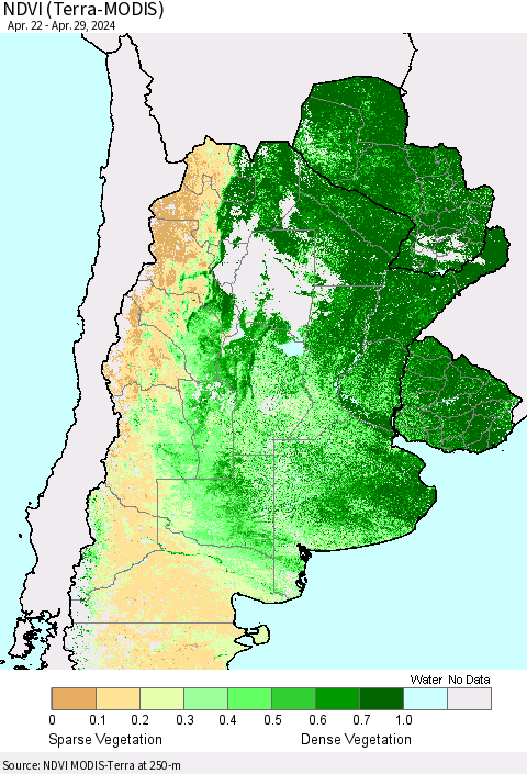 Southern South America NDVI (Terra-MODIS) Thematic Map For 4/22/2024 - 4/29/2024