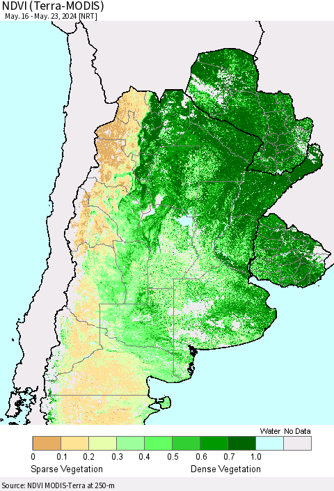 Southern South America NDVI (Terra-MODIS) Thematic Map For 5/16/2024 - 5/23/2024