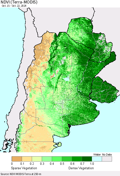 Southern South America NDVI (Terra-MODIS) Thematic Map For 10/15/2024 - 10/22/2024
