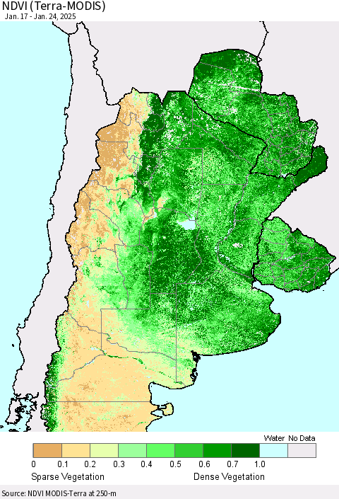 Southern South America NDVI (Terra-MODIS) Thematic Map For 1/17/2025 - 1/24/2025