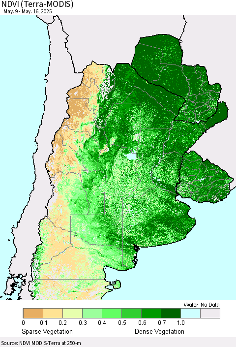 Southern South America NDVI (Terra-MODIS) Thematic Map For 5/9/2025 - 5/16/2025