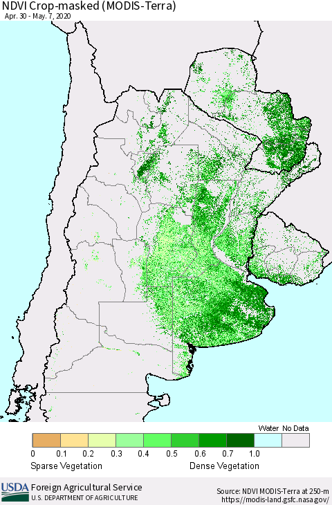 Southern South America Cropland NDVI (Terra-MODIS) Thematic Map For 5/1/2020 - 5/10/2020