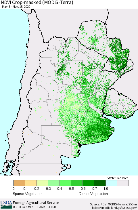 Southern South America Cropland NDVI (Terra-MODIS) Thematic Map For 5/11/2020 - 5/20/2020