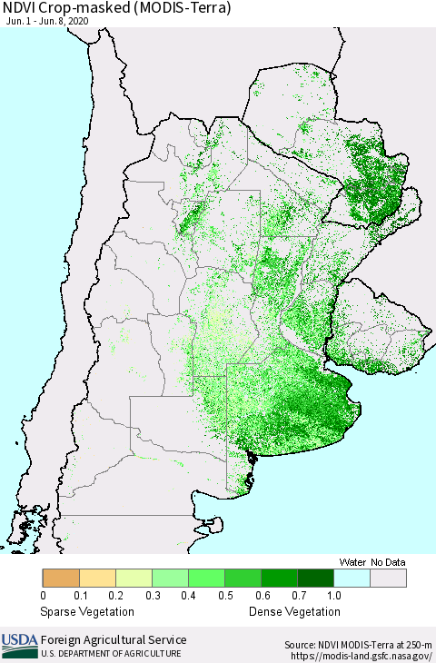 Southern South America Cropland NDVI (Terra-MODIS) Thematic Map For 6/1/2020 - 6/10/2020