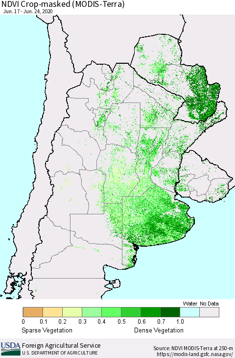 Southern South America Cropland NDVI (Terra-MODIS) Thematic Map For 6/21/2020 - 6/30/2020