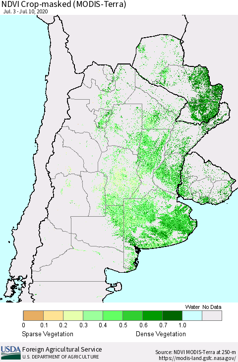 Southern South America Cropland NDVI (Terra-MODIS) Thematic Map For 7/1/2020 - 7/10/2020