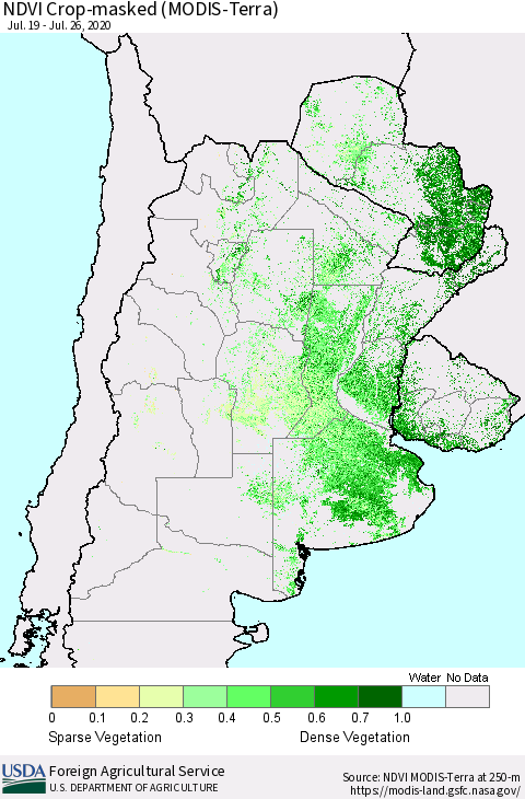 Southern South America Cropland NDVI (Terra-MODIS) Thematic Map For 7/21/2020 - 7/31/2020