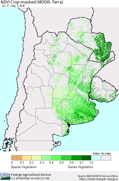 Southern South America Cropland NDVI (Terra-MODIS) Thematic Map For 8/1/2020 - 8/10/2020