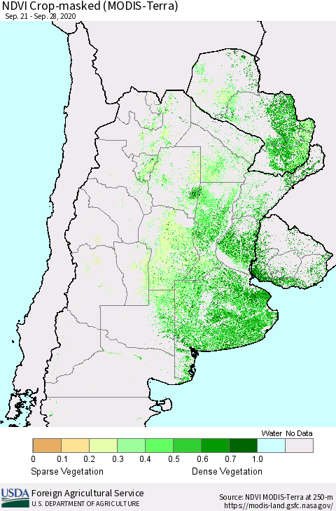 Southern South America Cropland NDVI (Terra-MODIS) Thematic Map For 9/21/2020 - 9/30/2020