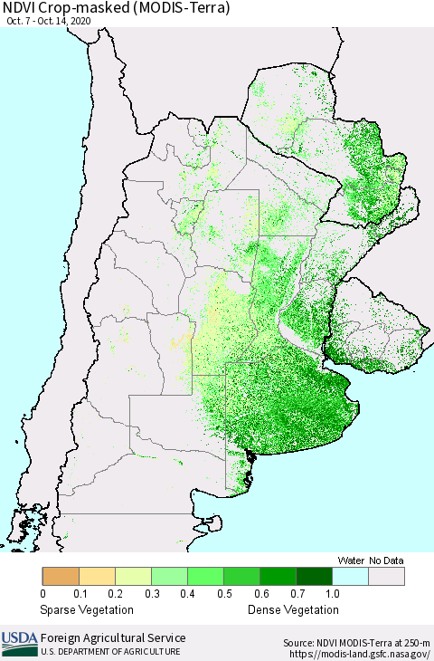 Southern South America Cropland NDVI (Terra-MODIS) Thematic Map For 10/11/2020 - 10/20/2020