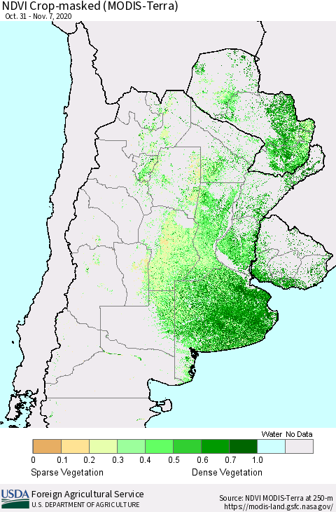 Southern South America Cropland NDVI (Terra-MODIS) Thematic Map For 11/1/2020 - 11/10/2020
