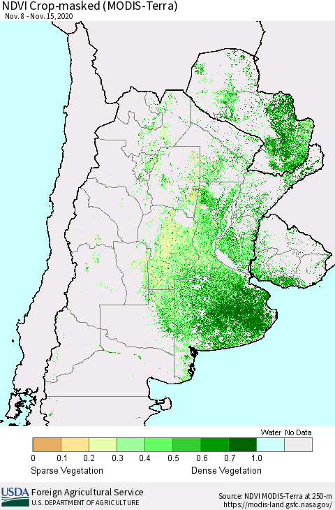 Southern South America Cropland NDVI (Terra-MODIS) Thematic Map For 11/11/2020 - 11/20/2020