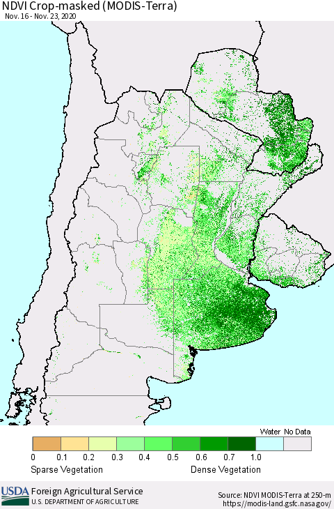 Southern South America Cropland NDVI (Terra-MODIS) Thematic Map For 11/21/2020 - 11/30/2020
