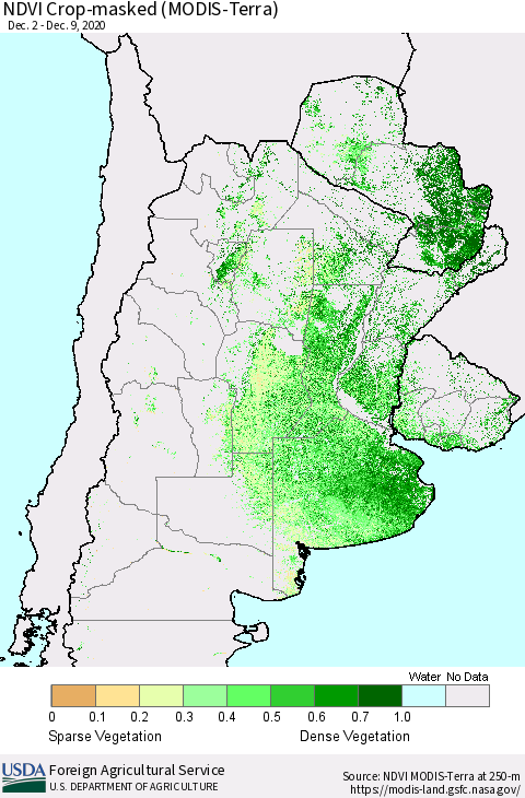 Southern South America Cropland NDVI (Terra-MODIS) Thematic Map For 12/1/2020 - 12/10/2020