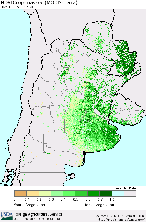 Southern South America Cropland NDVI (Terra-MODIS) Thematic Map For 12/11/2020 - 12/20/2020