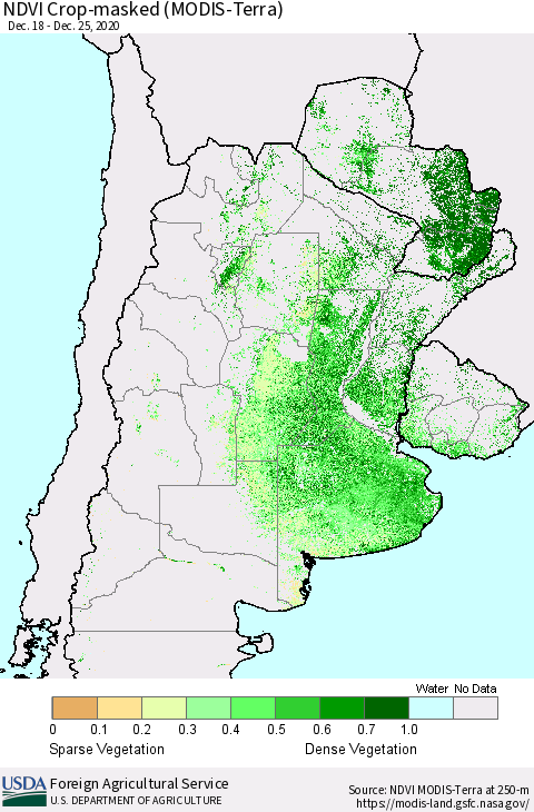 Southern South America Cropland NDVI (Terra-MODIS) Thematic Map For 12/21/2020 - 12/31/2020