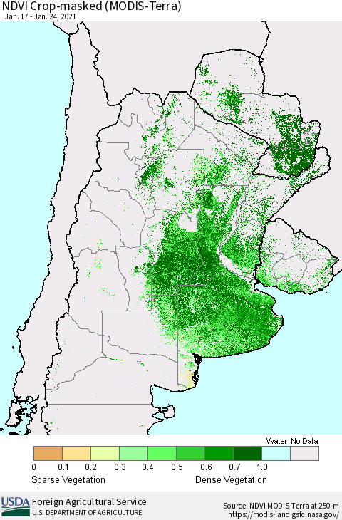 Southern South America Cropland NDVI (Terra-MODIS) Thematic Map For 1/21/2021 - 1/31/2021