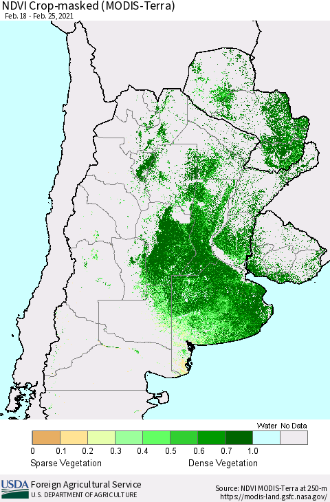Southern South America Cropland NDVI (Terra-MODIS) Thematic Map For 2/21/2021 - 2/28/2021