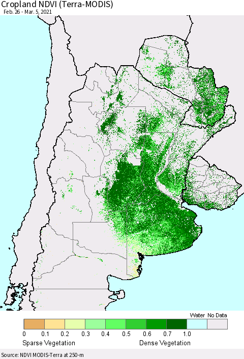 Southern South America Cropland NDVI (Terra-MODIS) Thematic Map For 2/26/2021 - 3/5/2021