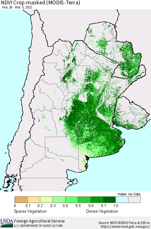 Southern South America Cropland NDVI (Terra-MODIS) Thematic Map For 3/1/2021 - 3/10/2021