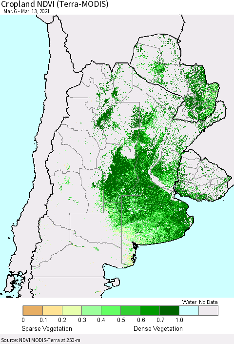 Southern South America Cropland NDVI (Terra-MODIS) Thematic Map For 3/6/2021 - 3/13/2021